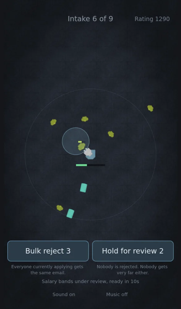ATS Defence on a phone: a portrait board with one screening process fixed in the centre inside its range ring, applicants converging on it from every direction, and Bulk reject and Hold for review buttons along the bottom